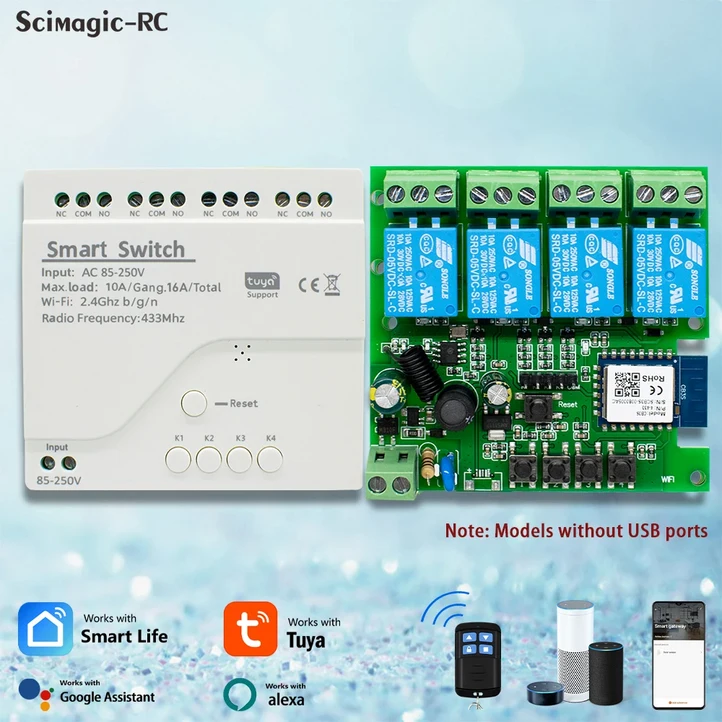 쿠쿠스토어 4채널 투야 스마트 스위치 WiFi 릴레이 모듈 AC/DC 7-32V RF433 조명 및 차고 문 개폐기