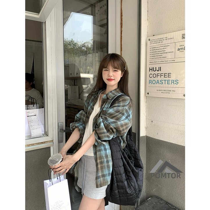 POMTOR 여성 캐주얼 남방 간절기 루즈핏 체크 셔츠