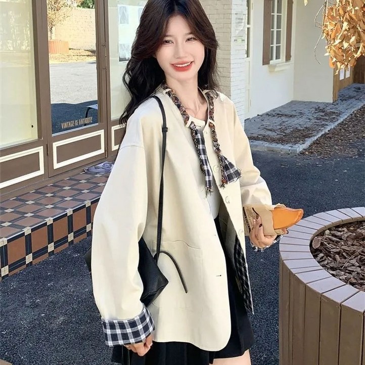 MAKABORO 여성 자켓 체크 패치 루즈핏 캐주얼 라운드넥 심플 봄가을 자켓