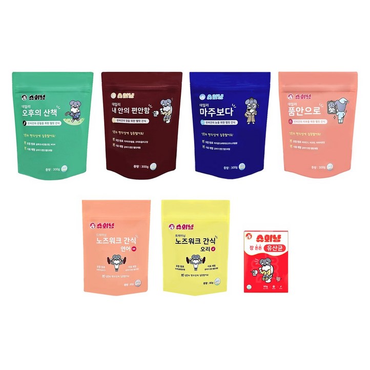 슈와냥 노즈워크 연어 80g1개노즈워크 오리 80g1개오후의 산책 300g1개내안의 편안함 300g1개마주보다 300g1개품안으로 300g1개유산균 60g1개 강아지영양, 7개
