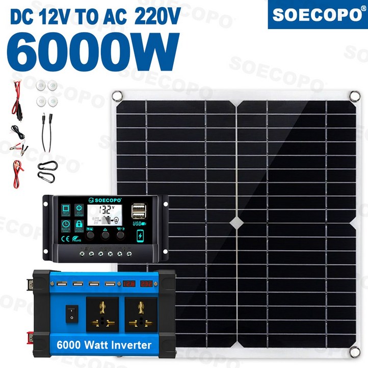 6000W 태양광 발전 키트 12V  110V220V 100A 컨트롤러 포함 가정용캠핑 백업용 300W 패널 오프 그리드 인버터 시스템 완료
