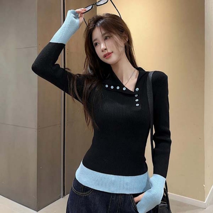 어반룩북 소피 슬림 골지 버튼 카라 배색 니트 여성 데일리 니트티