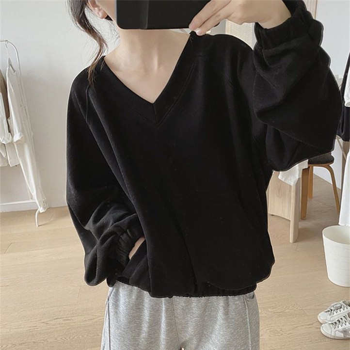 브이넥 티셔츠 맨투맨 여성 봄 가을 무지 루즈핏 빅사이즈 날씬해 보이는 얇은 긴팔 티셔츠 베이직 맨투맨티
