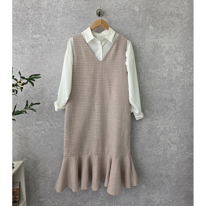 제이웰 여성 루즈핏 민소매 뷔스티에  트위드 머메이드 체크원피스