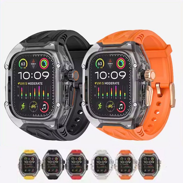 애플워치 9 8 7 6 5 4 3 SE 울트라 호환 일체형 투명 쉘 범퍼 케이스 솔리드 컬러 실리콘 스트랩 밴드 시계줄 줄질 44 45 49MM