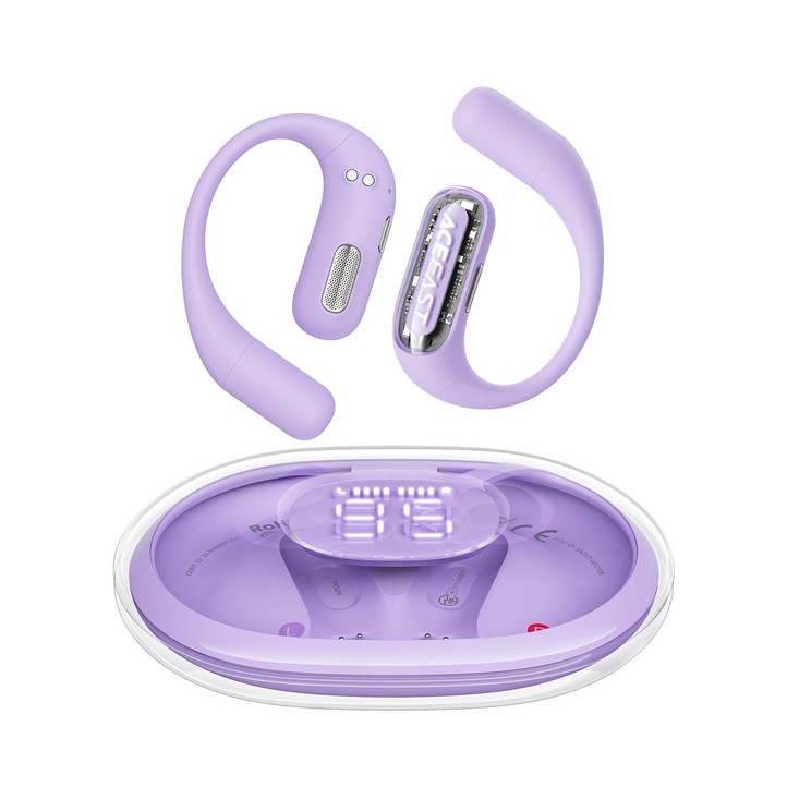 ACEFAST 투명 오픈형 무선 블루투스 이어폰 노이즈캔슬링 LED 귀걸이형 ACEFIT Pro, 퍼플