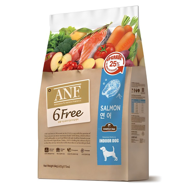 ANF 생후 4개월 이상 인도어 독 식스프리 건식사료, 연어, 6kg, 1개