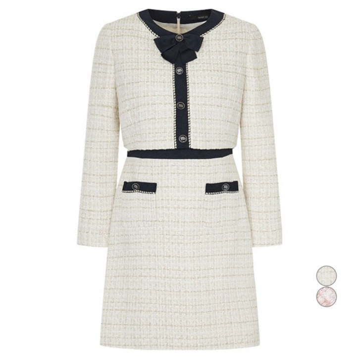 케네스레이디 여성용 라인 배색 리본 트위드 원피스