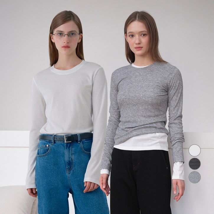 쥬시쥬디 여성용 라운드넥 골지 티셔츠 2종 세트 JZTS026E