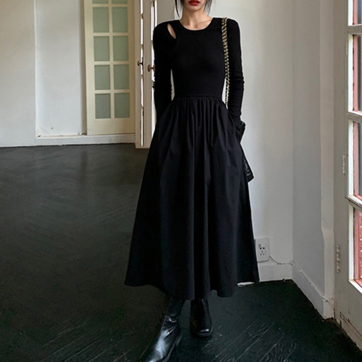 구디프 여성용 컷아웃 슬림 상의 시크 하객룩 플레어 롱원피스