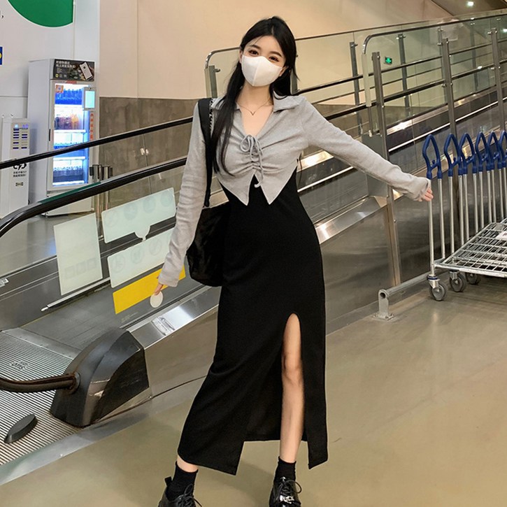 피어니스트 리본 카라넥 트임 롱원피스 빅사이즈 포함