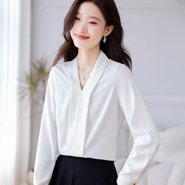 Titikong 여성 링클프리 슬림핏 흰색 블라우스 쉬폰 V넥 긴팔 새틴 긴팔 오피스 정장셔츠