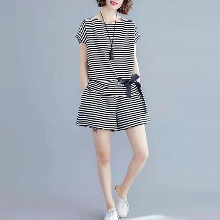 ORZQU 여성 여름 반바지 세트 라운드 조거 상의 밴딩 스트라이프 루즈핏 캐주얼 원동 세트