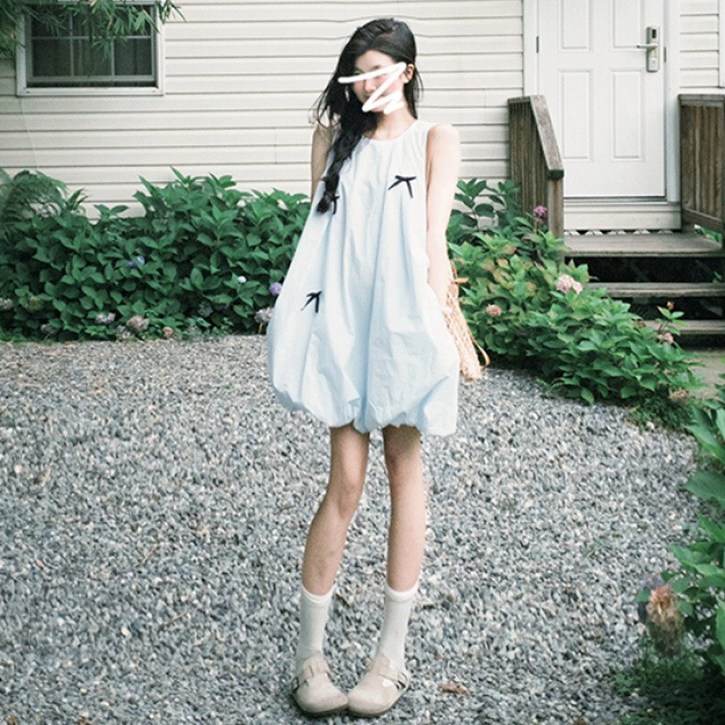 AOKADA 여성 여름 민소매 오버핏 리본 여름 미니 원피스