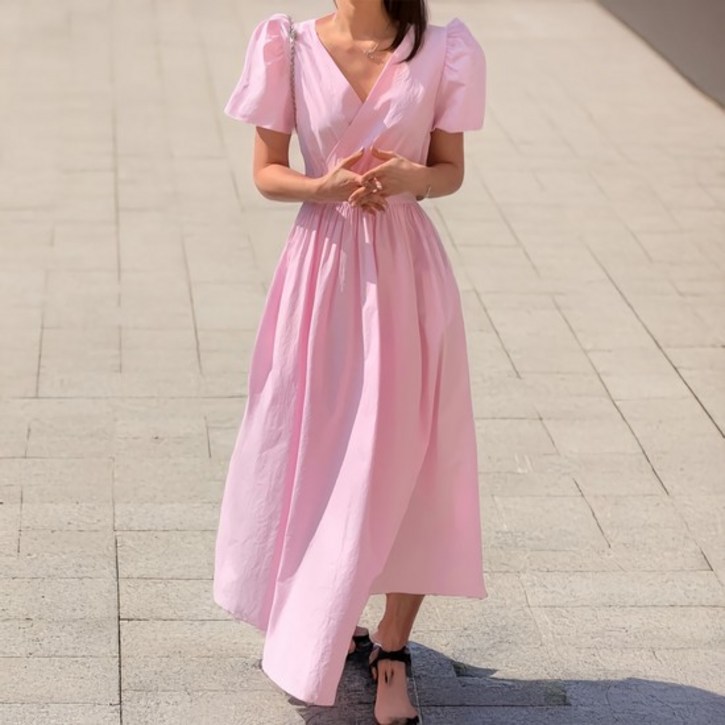 여성 여름 크로스 브이넥 퍼프 소매 휴가 원피스