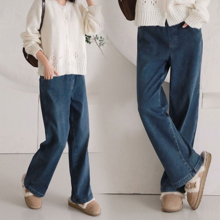 여성용 스판 밴딩 세미 와이드 데님팬츠 기모 청바지