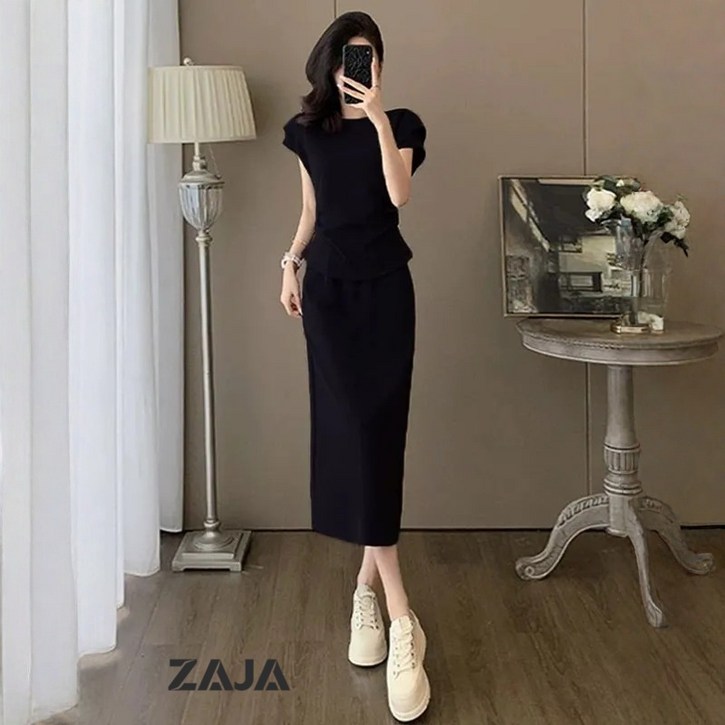 ZAJA 여성 투피스 세트 여름 반팔 티셔츠 롱스커트 세트