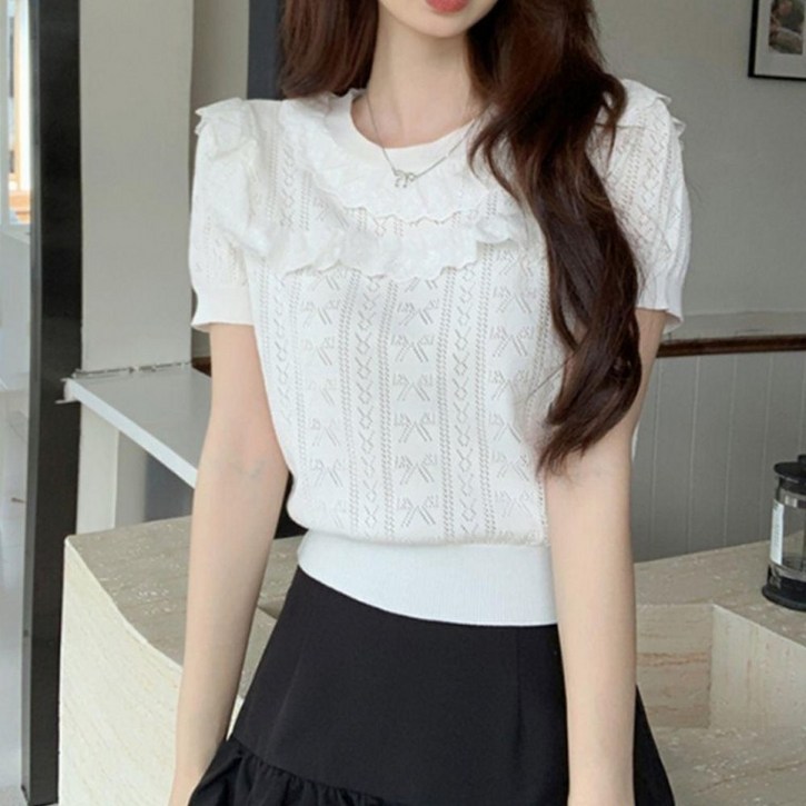 레이스 러블리 리본 펀치 프릴 반팔 니트티 니트