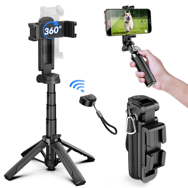ACMEZING 무선 블루투스 휴대폰 미니 삼각대 사각대 셀카봉 핸드폰 삼각대 셀카봉 c타입 46cm M51, 블랙