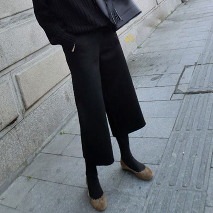 SELEAD 여자 모직 9부 바지 겨울 기모 바지 슬랙스 바지 겨울 데일리룩 일자형 밴딩 통바지