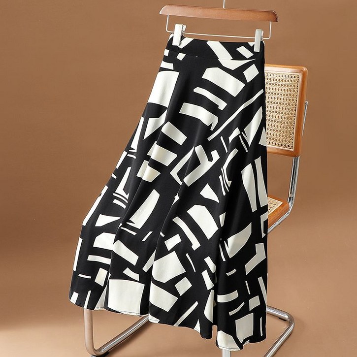 비아이와이 여성 여름 통근 얇은 쉬폰 프린트 A라인 치마 DH587