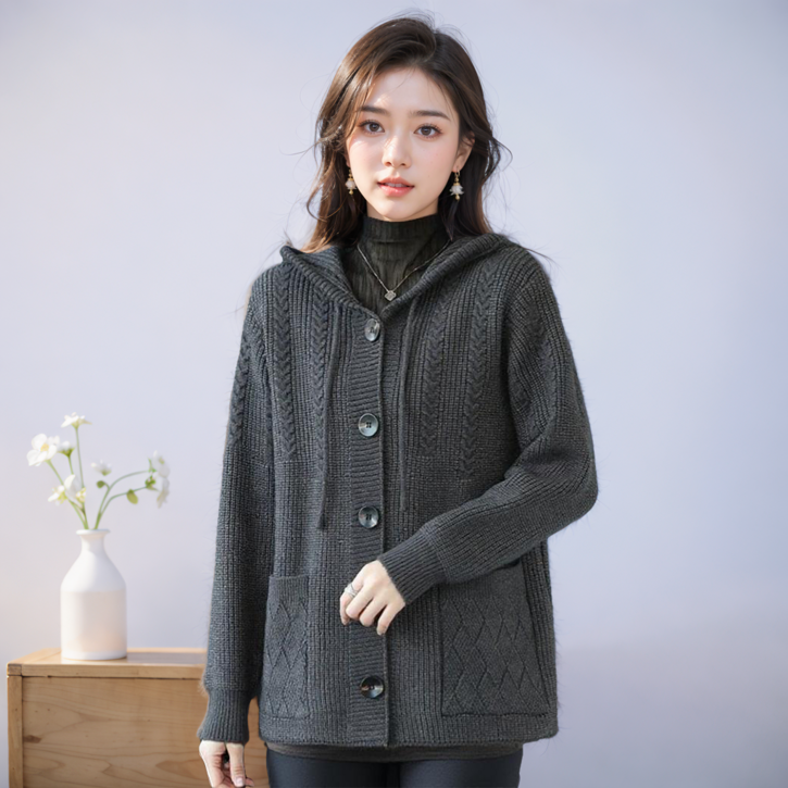 [비니브] 빅버튼 후드 니트가디건 홈쇼핑노출 이월상품