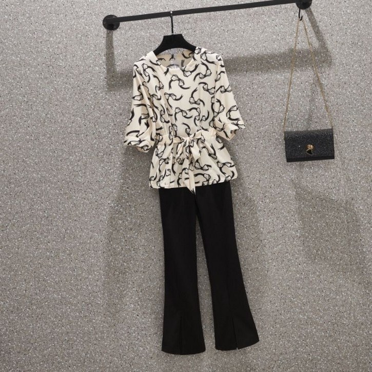 COSYEVNO  중년 여성 패턴 반팔 벨트 세트 LFHmmtz10