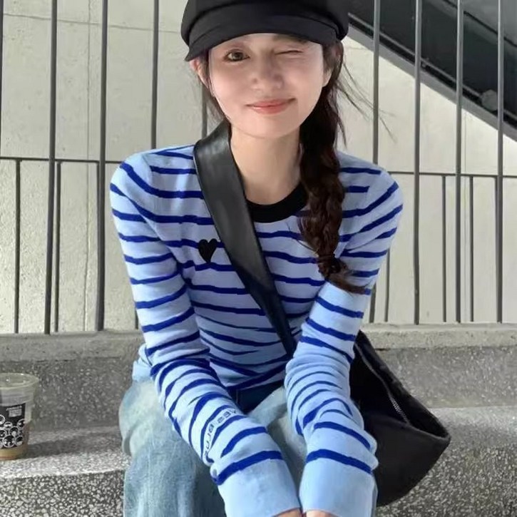 COSYEVNO 여성용 스트라이프 라운드넥 니트 티셔츠 긴팔 캐주얼 BCXtx-8