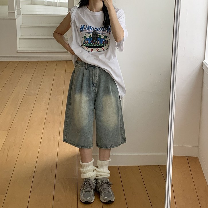 앤샵 원스 데일리 핀턱 와이드 워싱 데님 버뮤다팬츠 버뮤다 반바지 2color