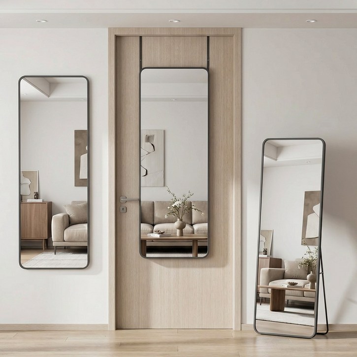 안토크 전신거울 3in1 벽거울 문걸이거울 35*120cm, 블랙-둥근