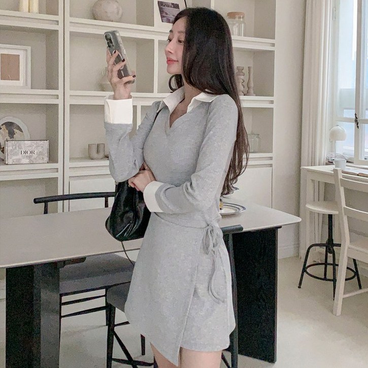 떳다그녀 미렌 셔츠 레이어드 골지 니트 배색카라 A라인 모던 캐주얼 스트랩 간절기 랩 미니원피스