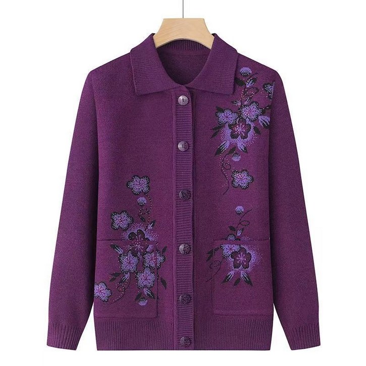 COSIVENO 중년 엄마 코트 가을 니트 프린트 큐빅 루즈핏 버튼 긴팔 니트 코트CXJjk24