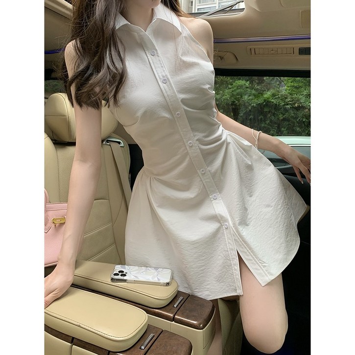 HS 허리 셔링 카라 단추 미니 원피스 셔츠 원피스 민소매 원피스 HS 허리 셔링 카라 단추 미니 원피스 셔츠 원피스 민소매 원피스