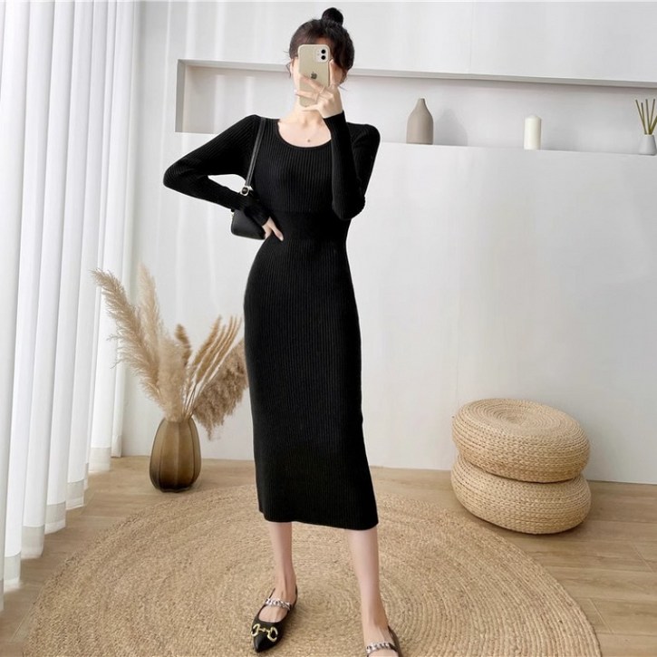 COSYEVNO 여성 니트 원피스 가을 라운드 긴팔 슬림 롱스커트 lyjlyq-3