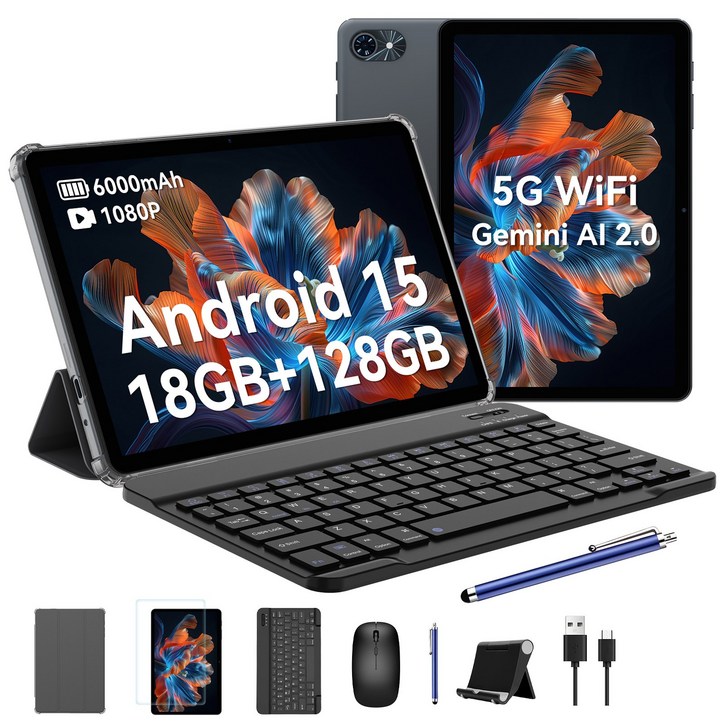 TABWEE 10인치 Android16 T80 태블릿 패키지 Gemini 2.0 2026신형 18GB128GB 2TB확장 키보드펜 포함 5G WiFi 6000mAh 패키지, 회색, 128GB, WiFi