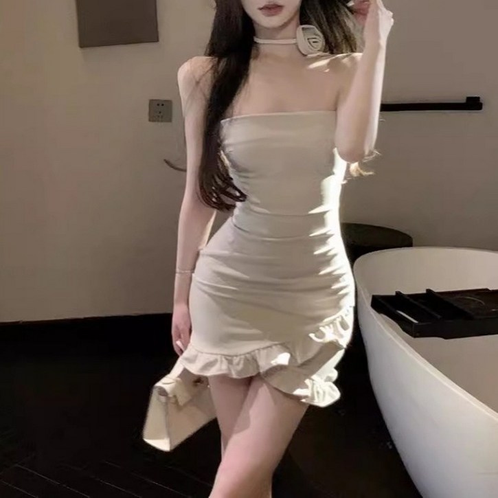 아이엠몽 여성 튜브 탑 튤립 레이스 미니 원피스