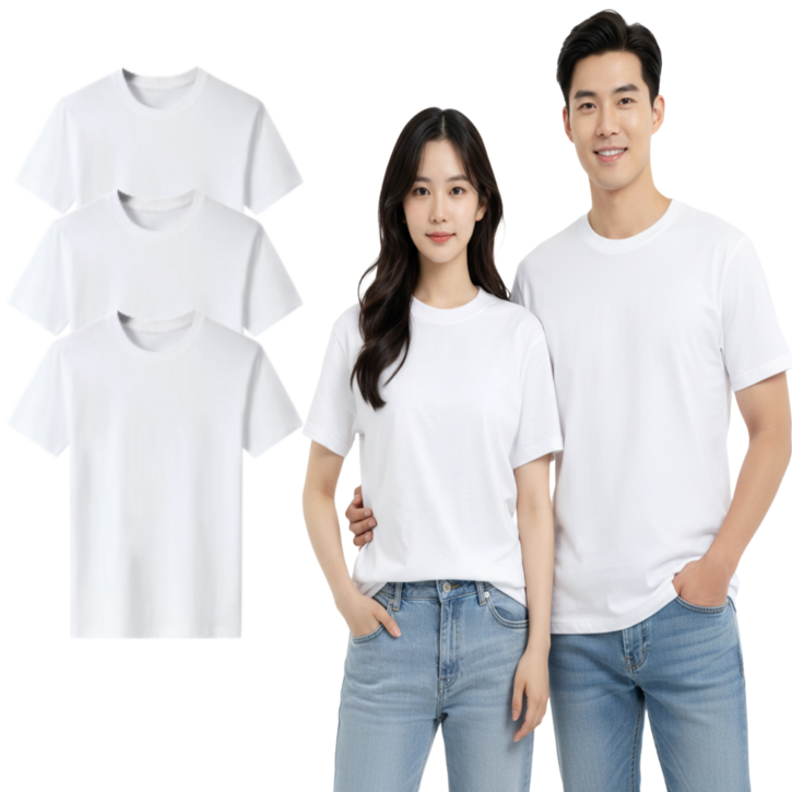 3장 세트 남녀공용 무지 반팔 티셔츠 순면 100 탄탄한 20수 화이트 베이직 티