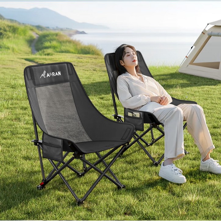 AORAN 1+1 각도조절 경량 접이식 캠핑 의자 세트, 2개, 블랙 두 배의 통기