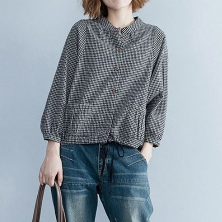 아이엠몽 여성용 가을 러블리 체크 둥근카라 숏 블라우스