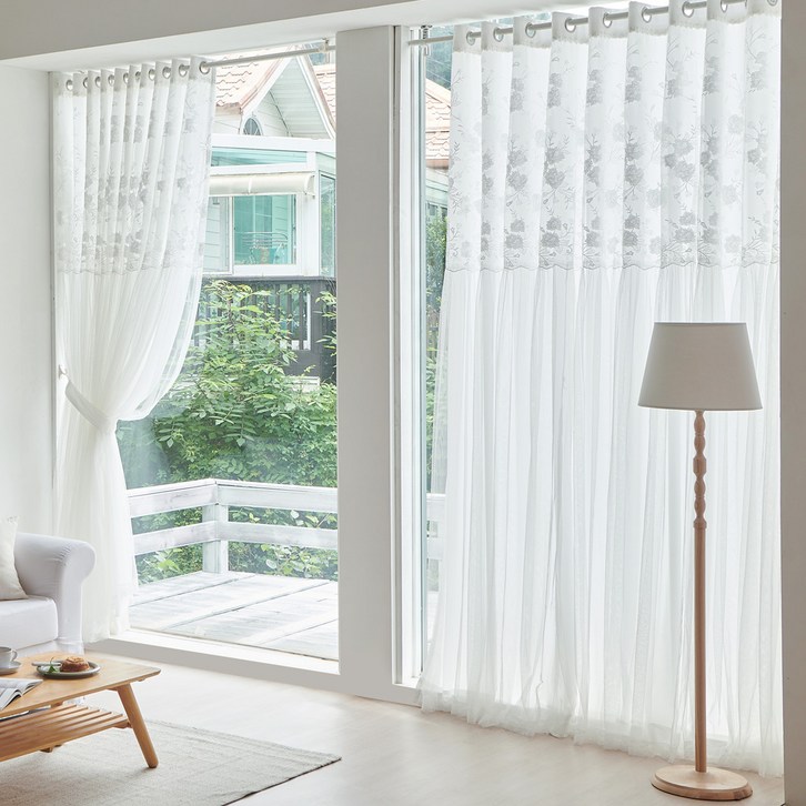 뷰하우스 모란백화 이중레이스 쉬폰 커튼 세트