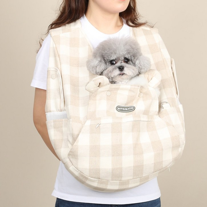 리토가토 보들리 쿨라우드 강아지 앞가방 슬링백 여름용, 린넨체크