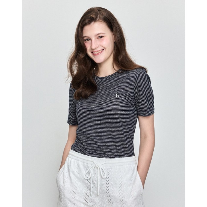 25SS 시즌오프에센셜 라운드넥 린넨100 스트라이프 반팔 티셔츠 네이비 HSTS5BC33N2