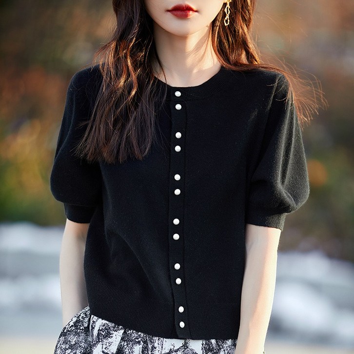 JBHLZXCP 여성 반팔니트 여름 반팔 가디건 라운드넥 퍼프소매 니트반팔 얇은 니트탑 예쁜 진주 단추 니트 티셔츠