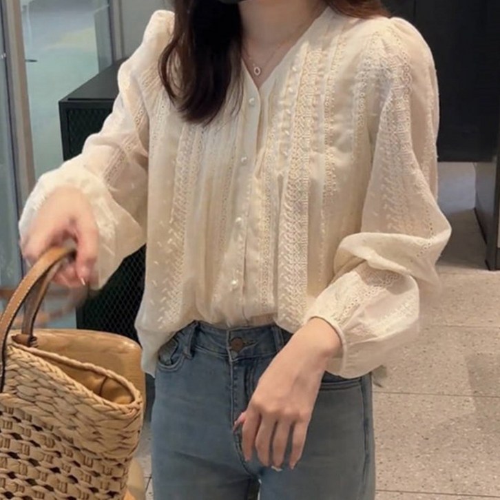 더블유 단정한 레이스 퍼프소매 셔츠 블라우스