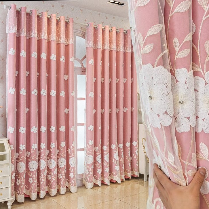 혜신 아일렛형 유럽식 큐빅 꽃라인 레이스 커튼 2장