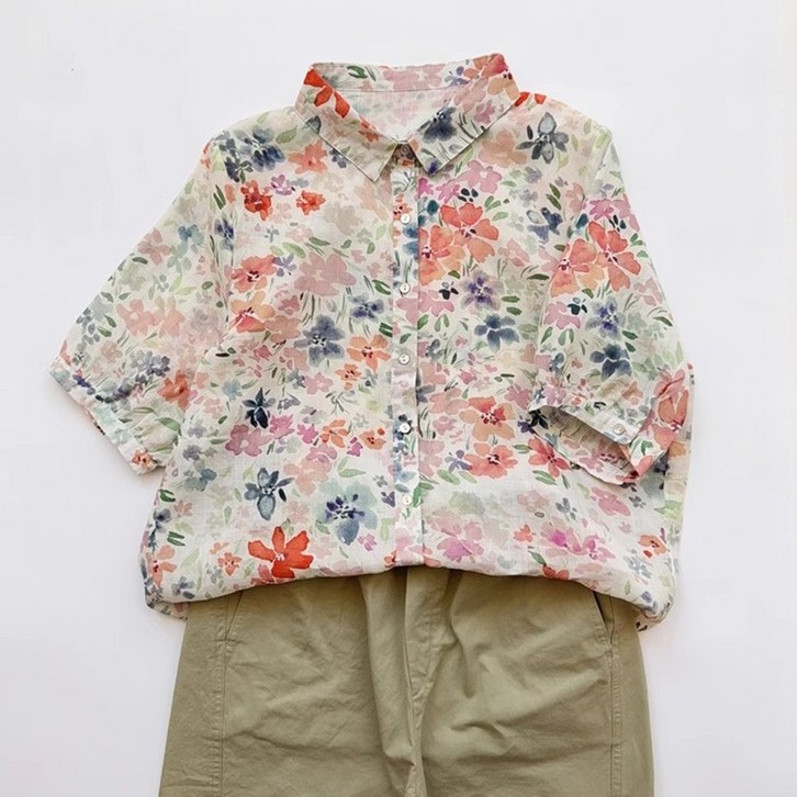 여성 100코튼 플라워 반팔 셔츠 루즈핏 여름용 카라넥 반팔 블라우스 기본