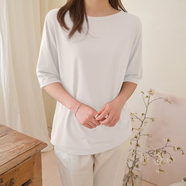 데일리앤 로엘리 보트넥 5부 레이온 무지 티셔츠 데일리앤 로엘리 보트넥 5부 레이온 무지 티셔츠
