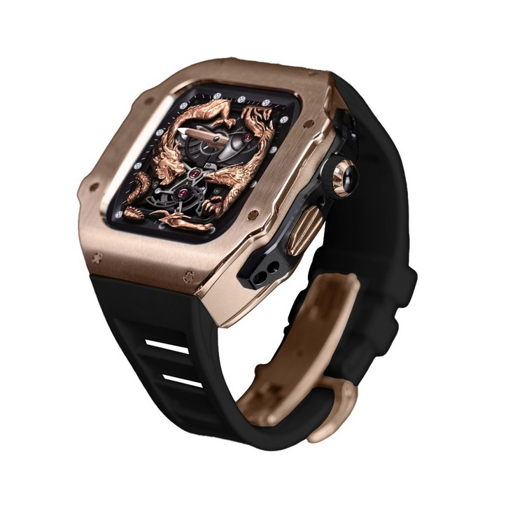 애차드밀 스틸 메탈 케이스 불소 고무 스트랩 밴드 호환 애플워치 울트라2 49 mm 시리즈 9 8 7 45 mmSE 시리즈 6 5 4 44mm, 로즈골드 블랙