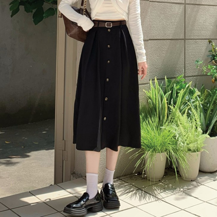 포플러앤씨 포틴 단추 미디 스커트