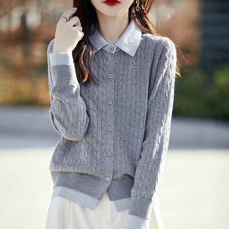 ORZQU 봄가을 여성 페이크 투피스 니트 가디건 루즈핏 스웨터 상의